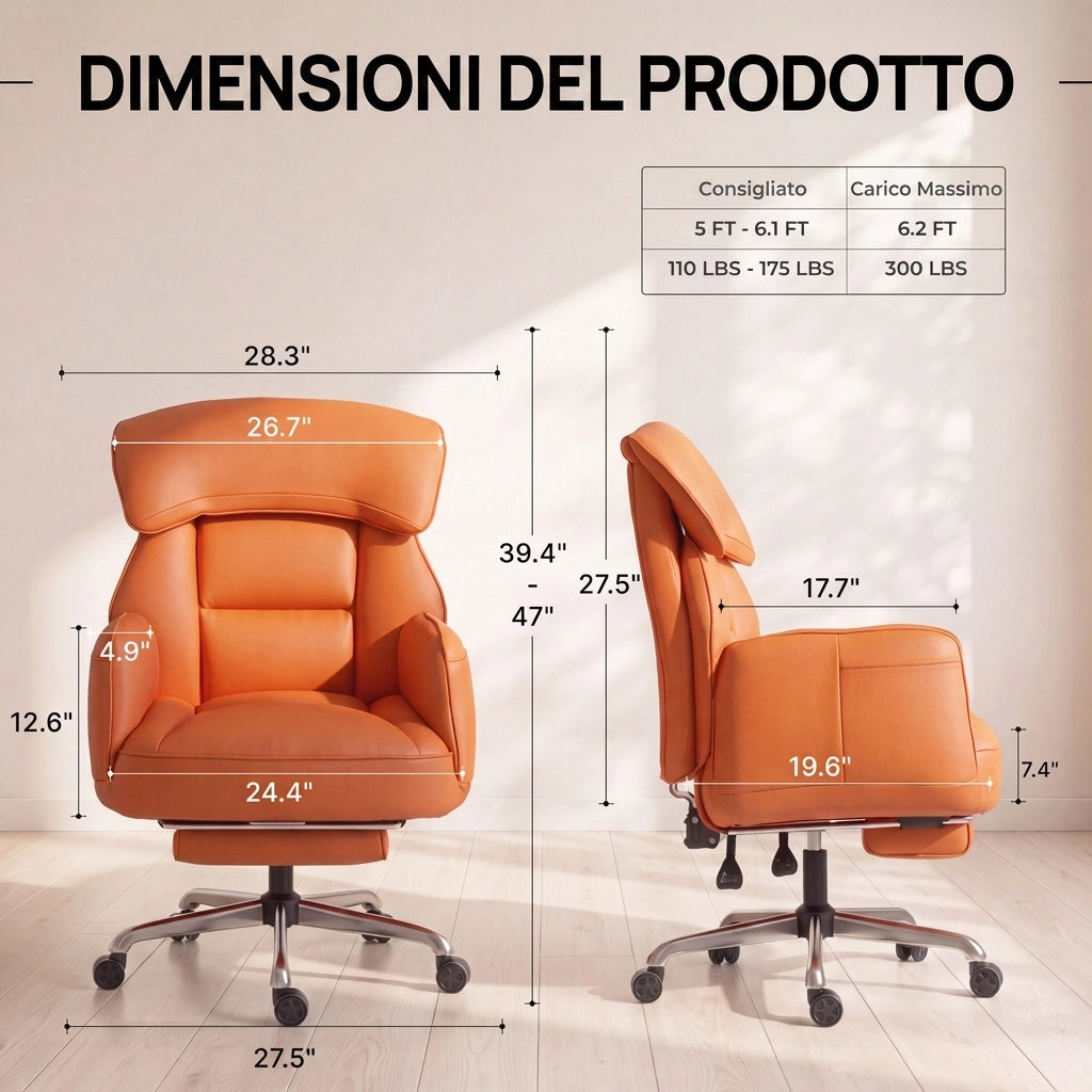 Sedia da ufficio ergonomica - Con corrimano e poggiapiedi - Con braccioli regolabili - Schienale regolabile - Arancione
