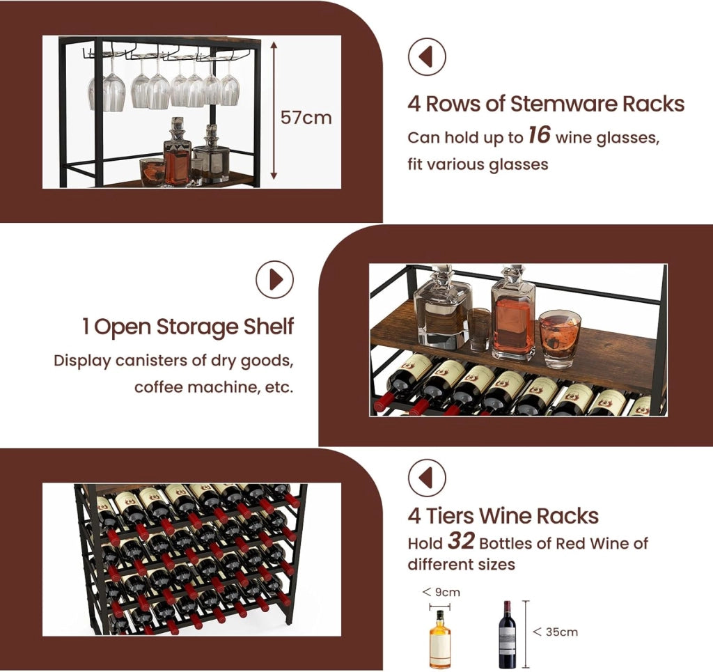 Portabottiglie Industriale Da Pavimento, Scaffale Per Vino a 6 Livelli Indipendente, Armadio In Metallo Con Righe Per 16 Tazze e 32 Bottiglie Per Cucina, Bar, Sala Da Pranzo, 80 x 30x140 cm