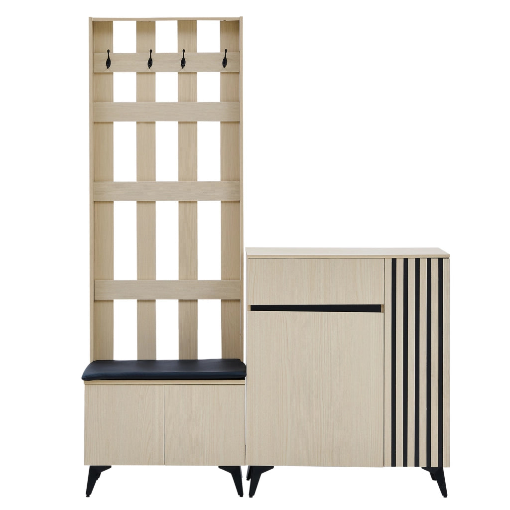Mobili d'ingresso con panca; 4 ganci; 2 ante; 1 cassetto e ripiani regolabili; per ingresso e camera; legno; MDF