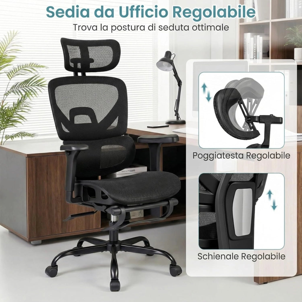 Sedia da Ufficio Ergonomica, con Poggiapiedi e Poggiatesta | Poltrona Scrivania con Schienale e Supporto Lombare, Braccioli 3D, Portata 136 kg