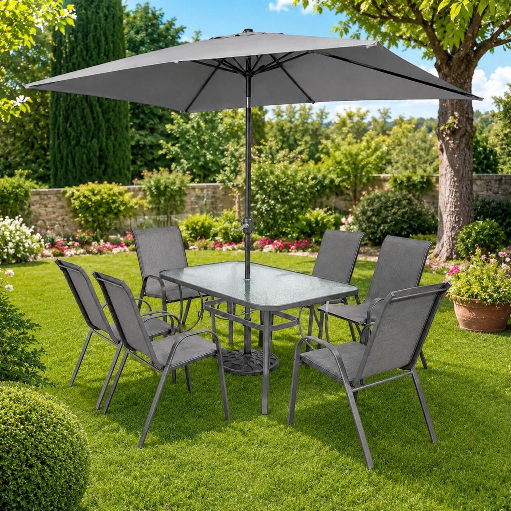 Set Da Esterno Giardino Con Tavolo In Vetro Temperato 6 Sedie E Ombrellone Rettangolare 2 X 3 Metri Per Terrazza Patio Piscina E Pranzi All' Aperto Arredo Outdoor 150 X 90 X 71 Cm Grigio