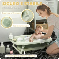 Vaschetta Bagnetto Pieghevole per Neonati con Cuscinetto e Lavabo, in Plastica Antiscivolo, 86x53x25.5 cm, Verde