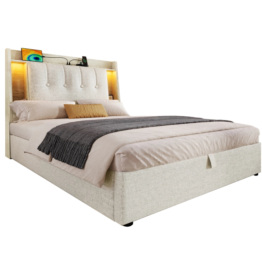 Letto imbottito 90x200 cm con USB Type-C; contenitore ribaltabile e LED; lino beige