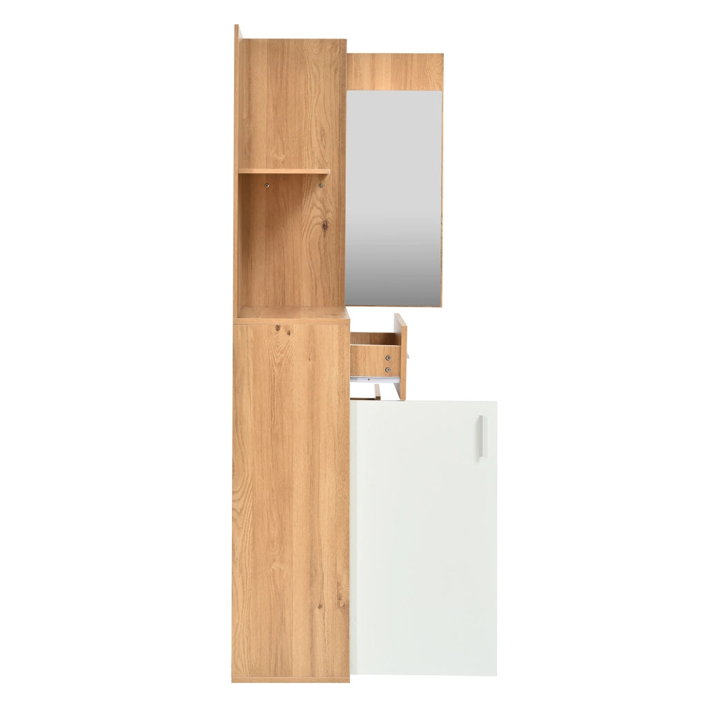 Mobile da ingresso con specchio LED panca appendiabiti e ribalta per scarpe in MDF bianco naturale 120 × 32 × 178 cm