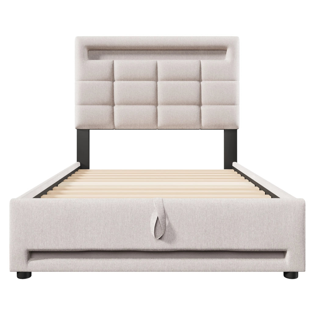 Letto imbottito 90x200 cm in lino beige con LED APP; USB e contenitore idraulico