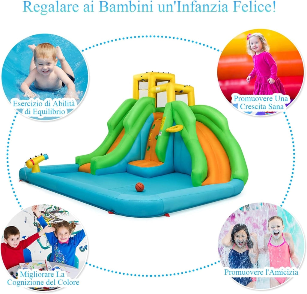 Castello Gonfiabile 5 in 1 con Soffiatore da 480W, Parco Acquatico con 2 Scivoli, Piscina, Parete di Arrampicata, Cannone, Cerchio e Palla da Basket, Borsa di Trasporto e Kit di Riparazione