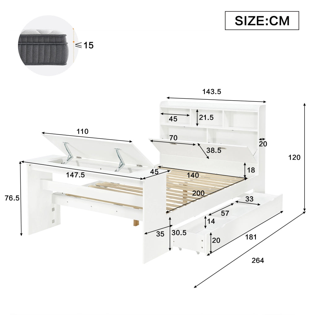 Letto singolo 140x200 cm con scrivania pieghevole e cassetto