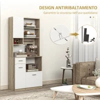 Mobile Dispensa in Legno con Cassetto, 3 Armadietti e 4 Ripiani Aperti, 80x35x180 cm, Bianco