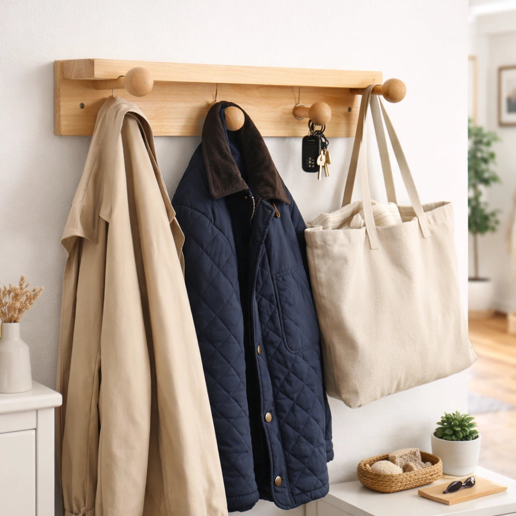 Mensola Appendiabiti in Legno Naturale 30 cm con 5 Ganci da Parete | 74211