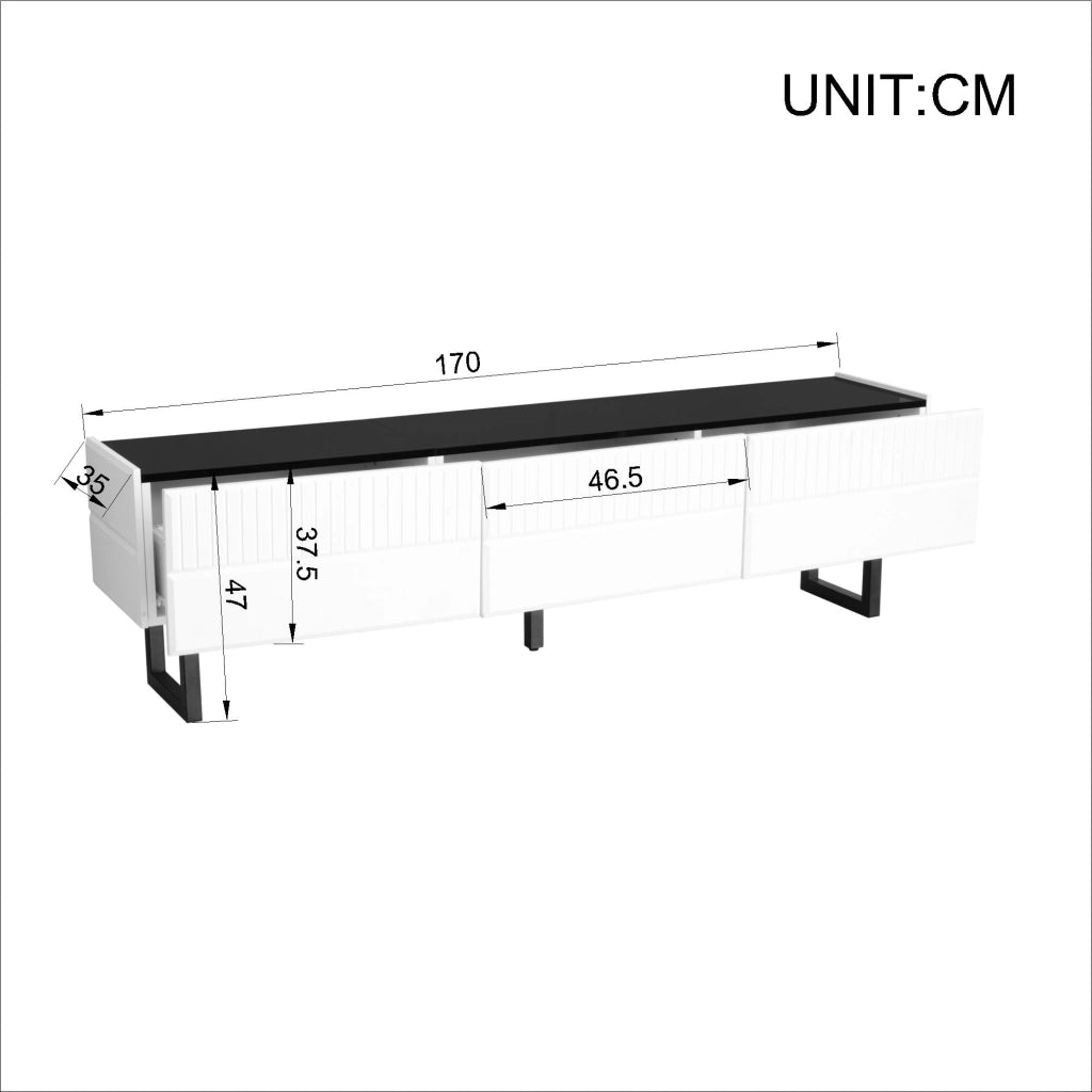 Mobile TV con 3 Cassetti e Piedini in Ferro; Piano Lucido; Stile Minimalista; 170??35??47 cm; Nero e Bianco