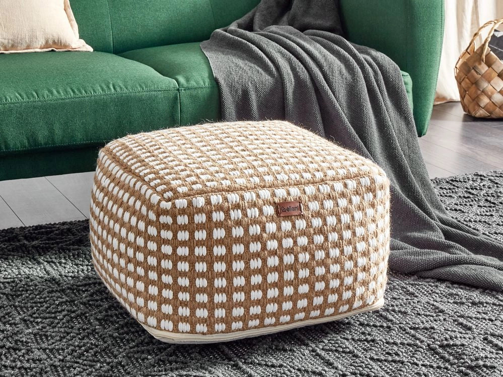 Pouf poggiapiedi tessuto a mano in cotone e lana beige 50 x 50 x 30 cm soggiorno camera da letto