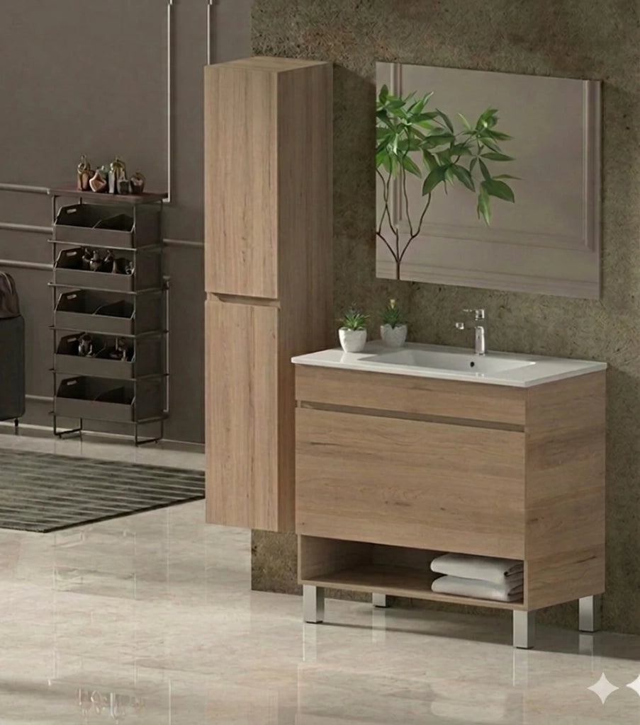 Mobile Bagno NEBARI com gambe Già Montato 1 cassetto, lavabo e specchio Estepa 70x45 cm con colonna