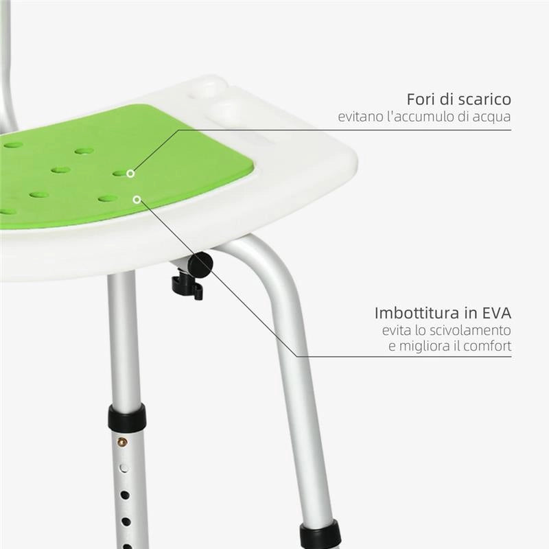 SEDIA PER DOCCIA IN ALLUMINIO ED EVA CON ALTEZZA REGOLABILE  E SCHIENALE RICURVO