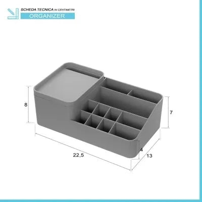 Organizzatore cosmetici e trucco grigio con box con coperchio e 11 scomparti