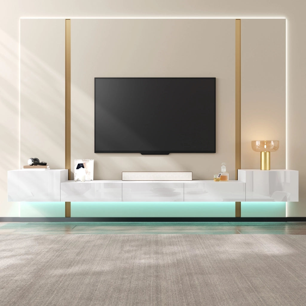Mobile porta TV sospeso con LED app, 2 ante a battente e 3 ribalta, per soggiorno, bianco, 245 × 30 × 26 cm
