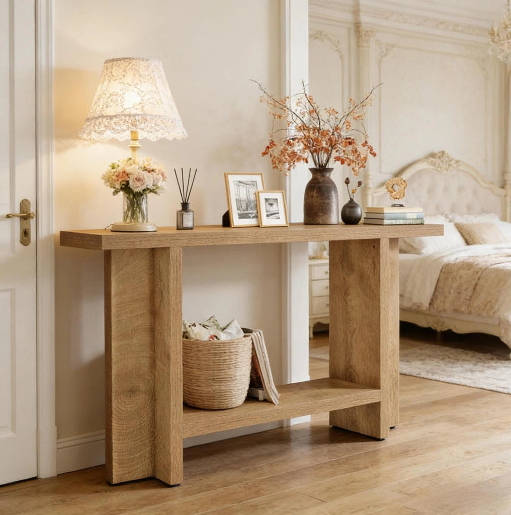 Tavolo consolle a 2 ripiani 150x30x80 cm in MDF marrone
