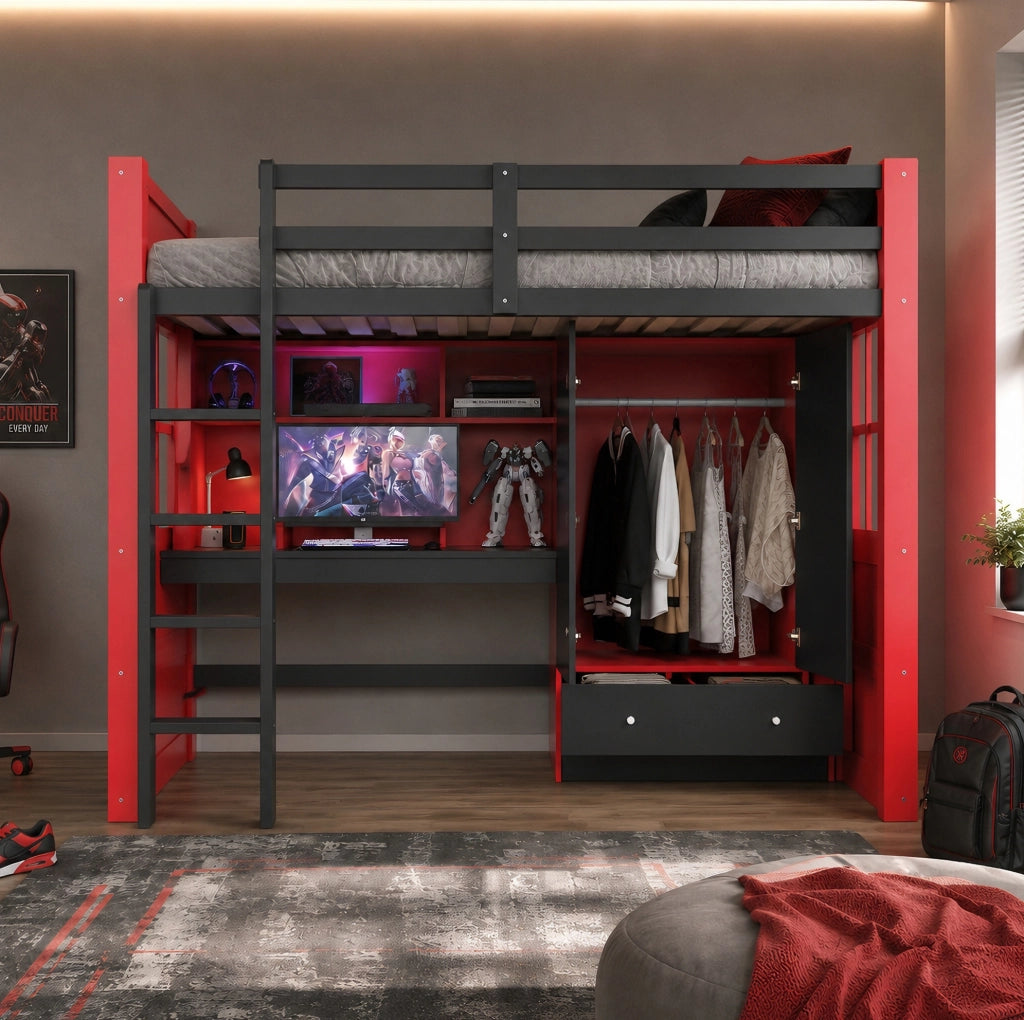 Letto a soppalco ULEVR 90x200 cm nero e rosso con scrivania, armadio, cassetti, LED e prese