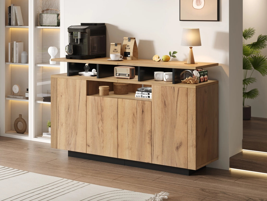 Sideboard con 4 ante e 3 vani aperti, 140x40x85 cm, Natural