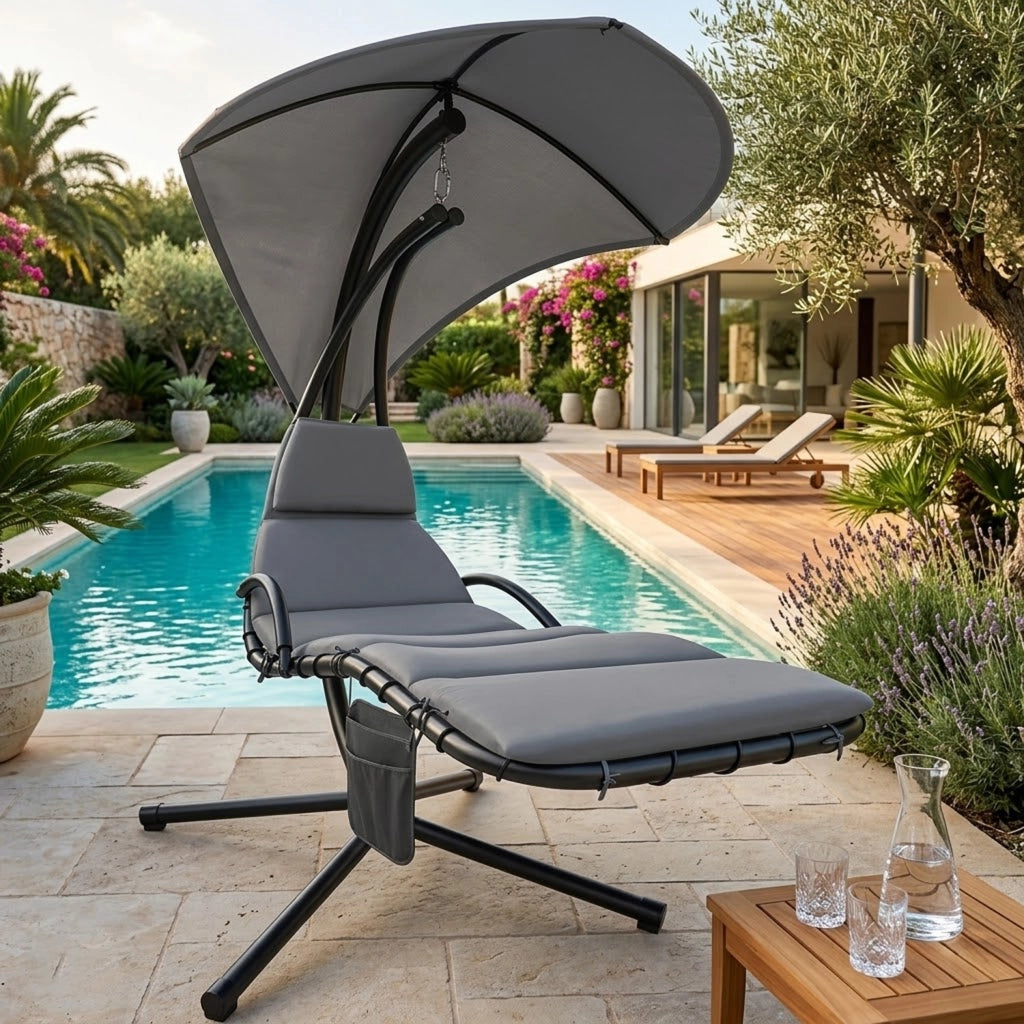 Sdraio A Sospensione Con Ombrellone Grigio E Cuscino Ergonomico Amaca Da Giardino In Poliestere Resistente Per Arredamento Esterno Terrazzo Bordo Piscina Formato 195x132x197 Cm