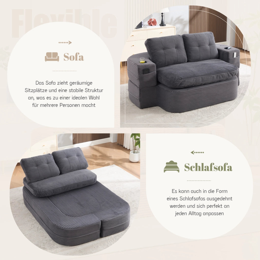 POLTRONA LETTO 2 IN 1 In Corduroy Grigio Scuro con Portabicchieri