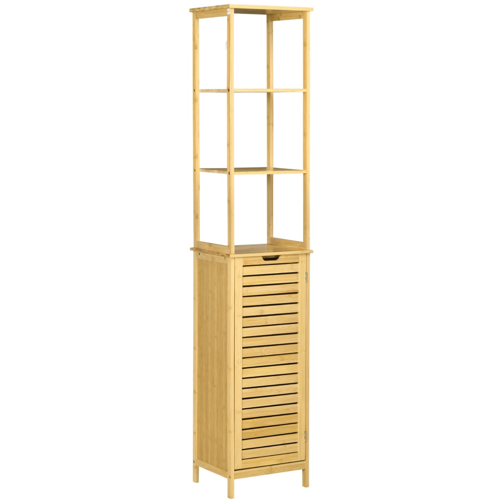 Mobile bagno alto in bambù 34 x 30 x 173 cm con 3 ripiani aperti e vano chiuso, antiribaltamento, naturale