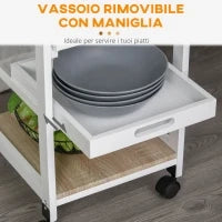 Carrello da Cucina Salvaspazio in Legno di Pino e MDF, Carrello Portaoggetti con Cassetto, Cestello, 2 Vassoi e 4 Ruote Universale, 37x37x82cm, Bianco