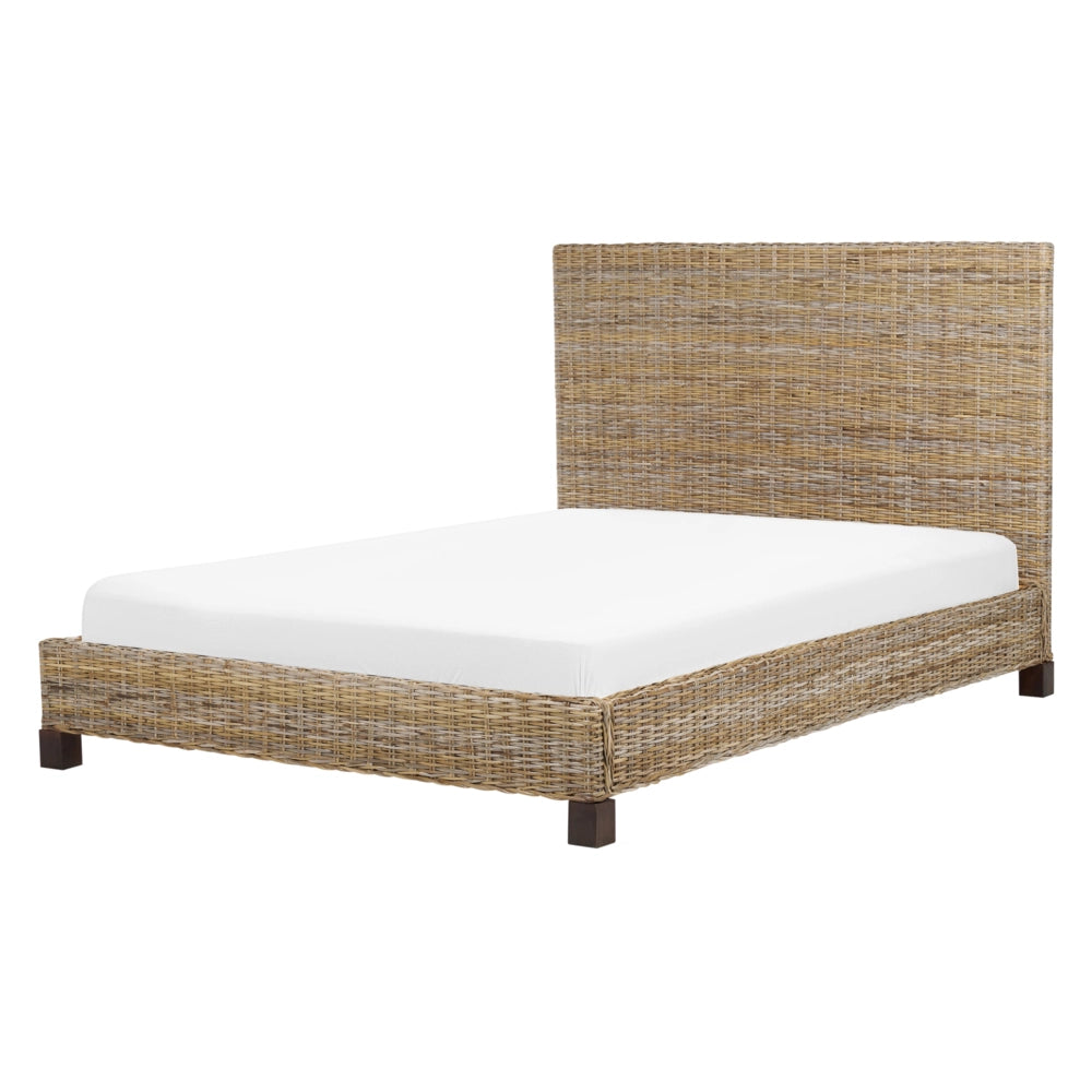 Letto a pannello Rattan naturale Legno di mogano UE Doppio 140 x 200 cm Rete a doghe Testata intrecciata Moderna Boho
