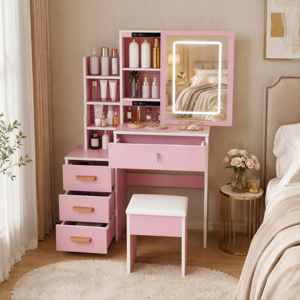 Tavolo da trucco con specchio LED; 4 cassetti; struttura in MDF; rosa; 85x130x36 cm