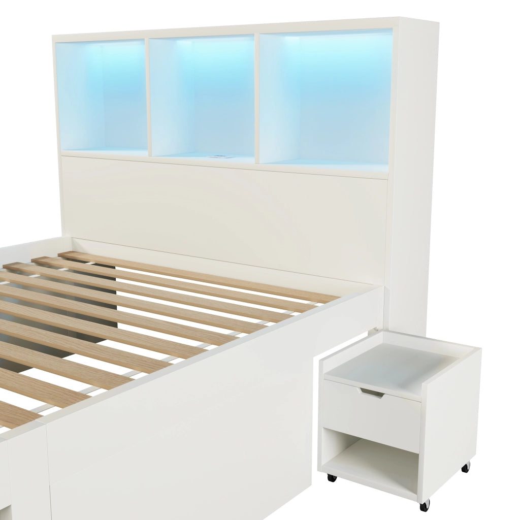 Letto per bambini 90 x 200 cm, spazio contenitivo, comodino incluso, illuminazione a LED, USB/Type-C, con cassetto, bianco