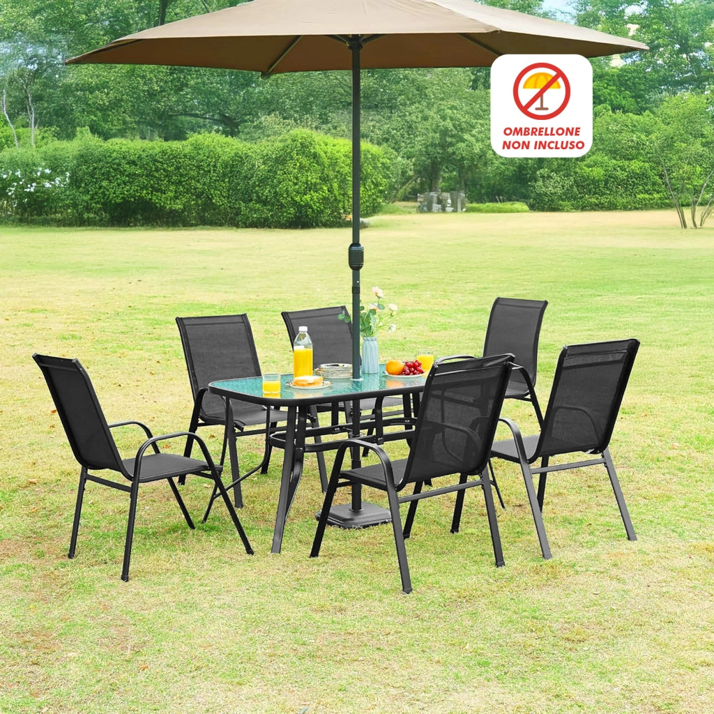 Set Tavolo Sedie Da Giardino 7 Pezzi, Tavolo Da Pranzo Terrazzo In Metallo Piano In Vetro Con Foro  Ombrellone 6 Sedia Da Esterno Impilabili Con Schienale Alto,Veranda  Nero