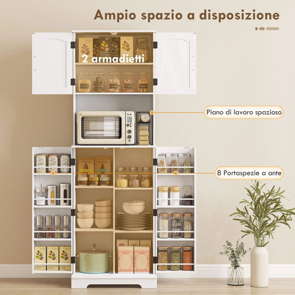 Credenza da Cucina Alta Stile Country, 2 Armadietti e 8 Portaspezie, 60x40x181.5 cm, Bianco