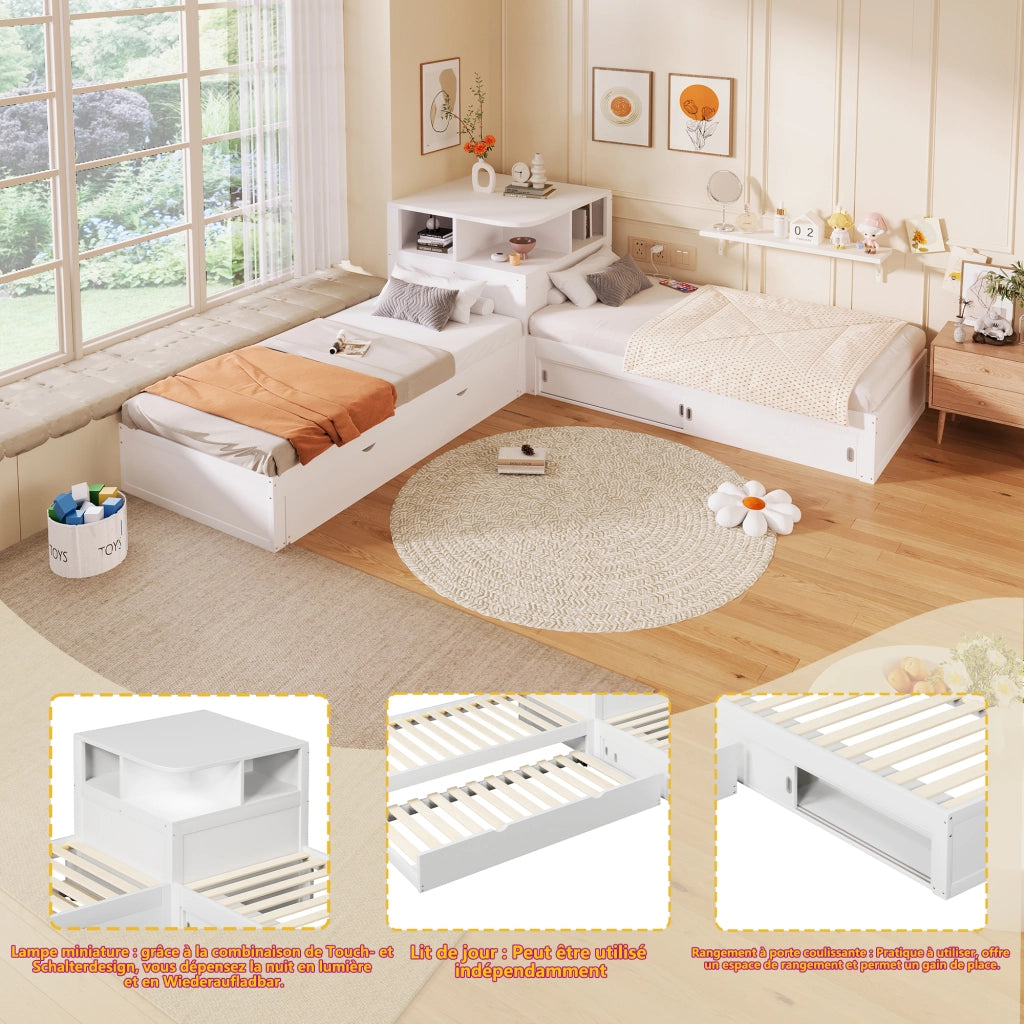 Letto singolo 90 × 200 cm con letto estraibile, contenitore con ante scorrevoli et luce notturna LED, senza materasso, bianco