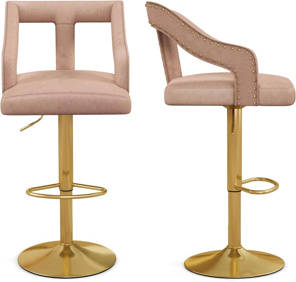 Set di 2 sgabelli da bar regolabili in altezza, 63-85 cm, girevole a 360°, con poggiapiedi, sgabello girevole con schienale, sgabello in velluto, portata fino a 150 kg