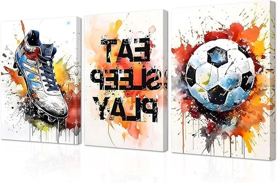 Set di 3 aquarel poster di calcio con cornice per camera da bambini - Decorazione sportiva per la camera da letto dei ragazzi - Arte per la parete - Dimensioni 30 x 40 cm