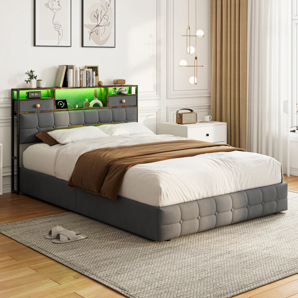 Letto una piazza e mezza 140x200 cm con contenitore LED USB Type-C testiera rete a doghe velluto metallo - grigio