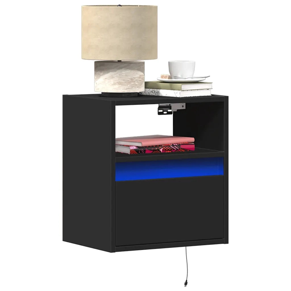 Comodini a Parete con Luci LED 2 pz-Set di 2 Tavolino da notte Neri 181079