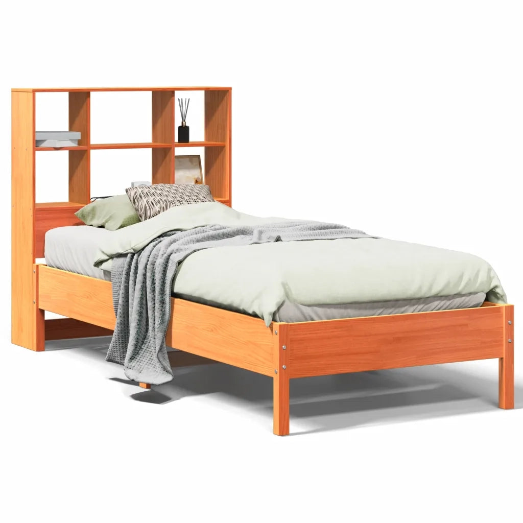 Letto Libreria senza Materasso-Struttura Letto con contenitore Marrone Cera 100x200 cm in Pino 994216