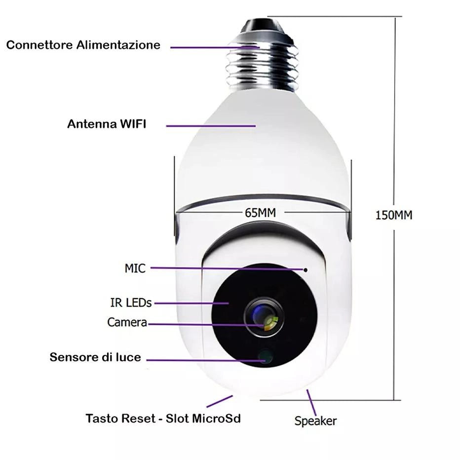 LAMPADINA FOTOCAMERA IP WIFI 360° 1080P VISIONE NOTTURNA RILEVAMENTO MOVIMENTO AUDIO BIDIREZIONALE INSTALLAZIONE FACILE SICUREZZA SMART HOME