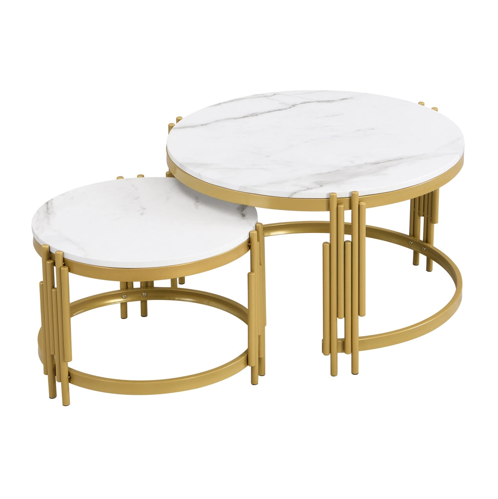Set di 2 tavolini da caffè rotondi impilabili effetto marmo; MDF e metallo; bianco e ottone anticato