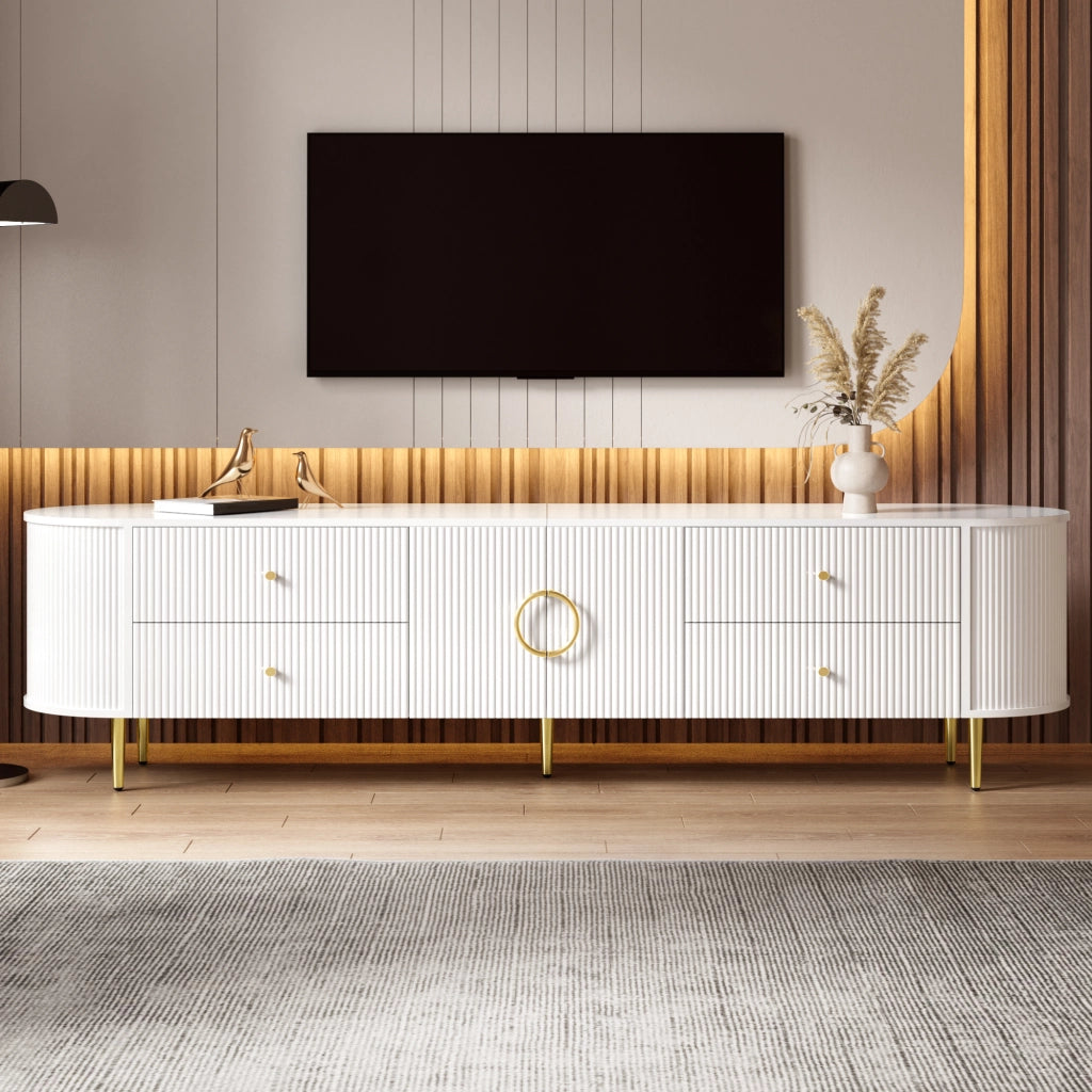 Mobile TV con ante a onde tridimensionali e cassetti; 180x40x38 cm; MDF bianco