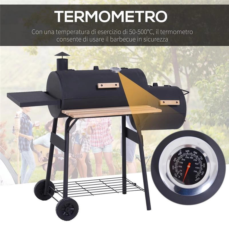 BARBECUE A CARBONE CON COPERCHIO E AFFUMICATORE, BBQ DA GIARDINO CON RIPIANI E RUOTE 124X53X104 CM, NERO