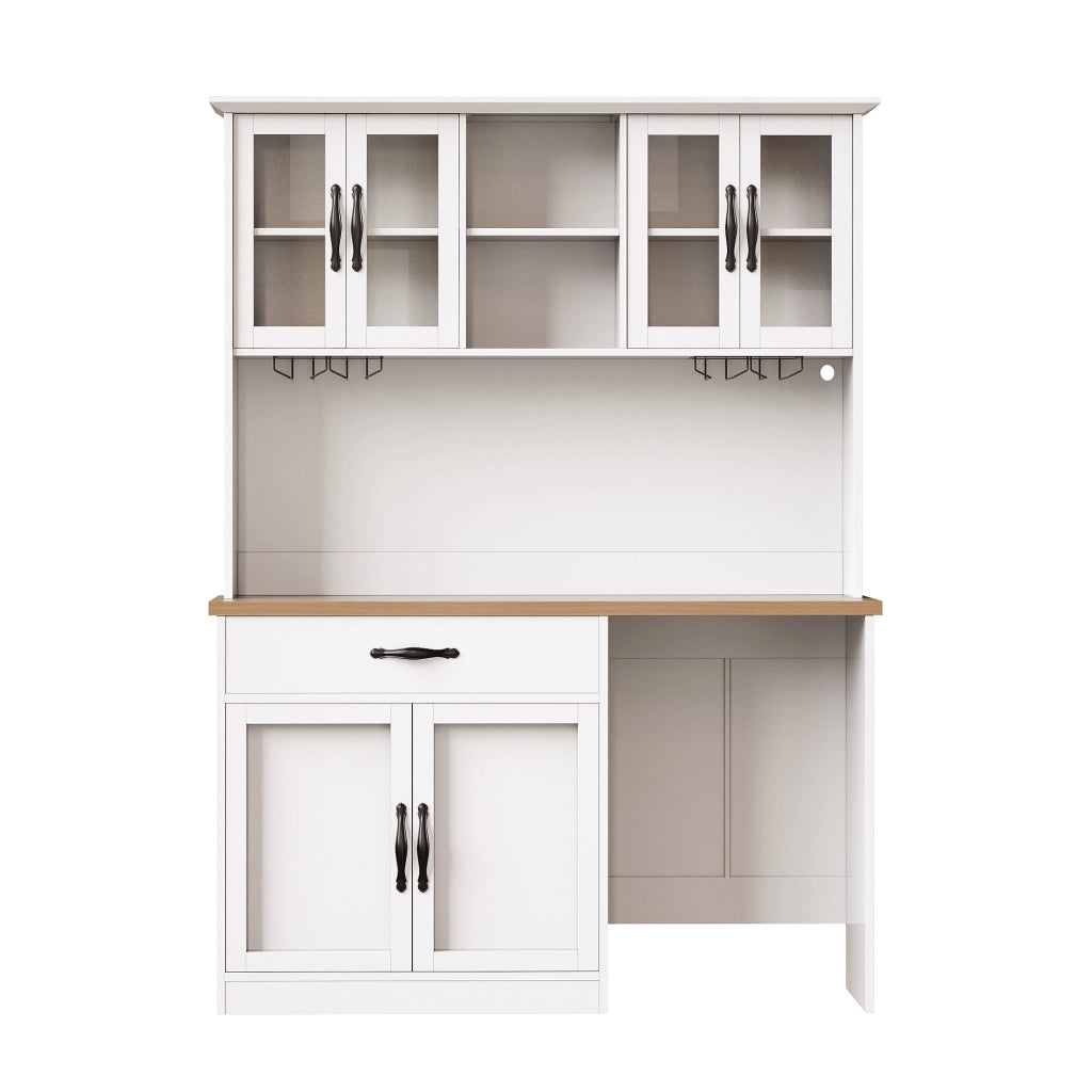 Credenza cucina alta con carrello estraibile; illuminazione LED; 4 ante in vetro; cassetto; portabicchieri e portabottiglie; per cucina e sala da pranzo; 140 × 38 × 180 cm