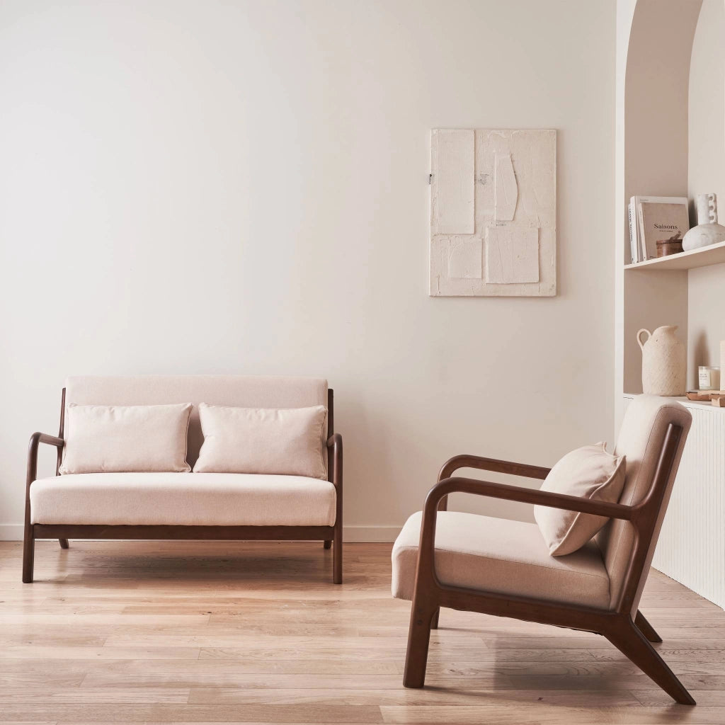 Set panca scandinava 2 posti e poltrona in legno di hevea, beige
