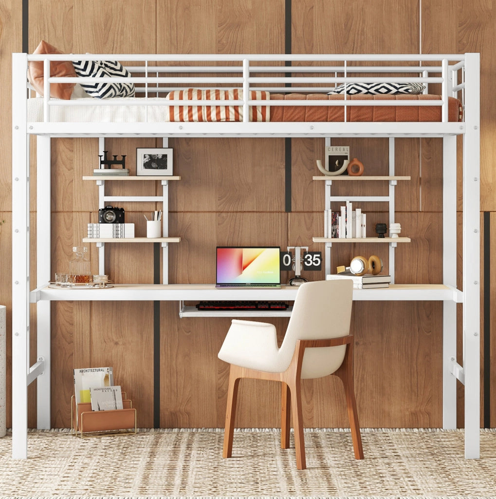 Letto a soppalco in metallo con scrivania e librerie, bianco, 90 x 200 cm