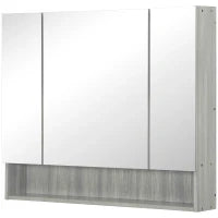 kleankin Armadietto con Specchio a 4 Sezioni con Ripiani Regolabili, in Legno e Vetro, 90x15x75 cm, Grigio