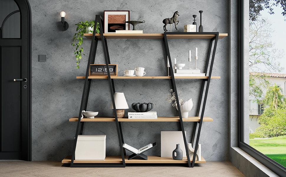 Libreria geometrica da terra 158×35×166 cm con struttura in metallo e ripiani in MDF 25 mm, colore nero/marrone