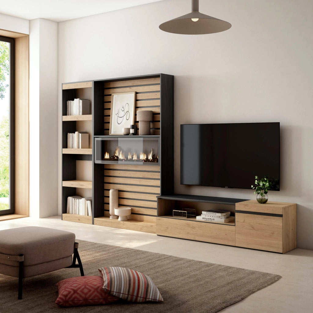 Mobile TV, Soggiorno, 320x35x186cm, Camino elettrico, colore Rovere e nero RF2598