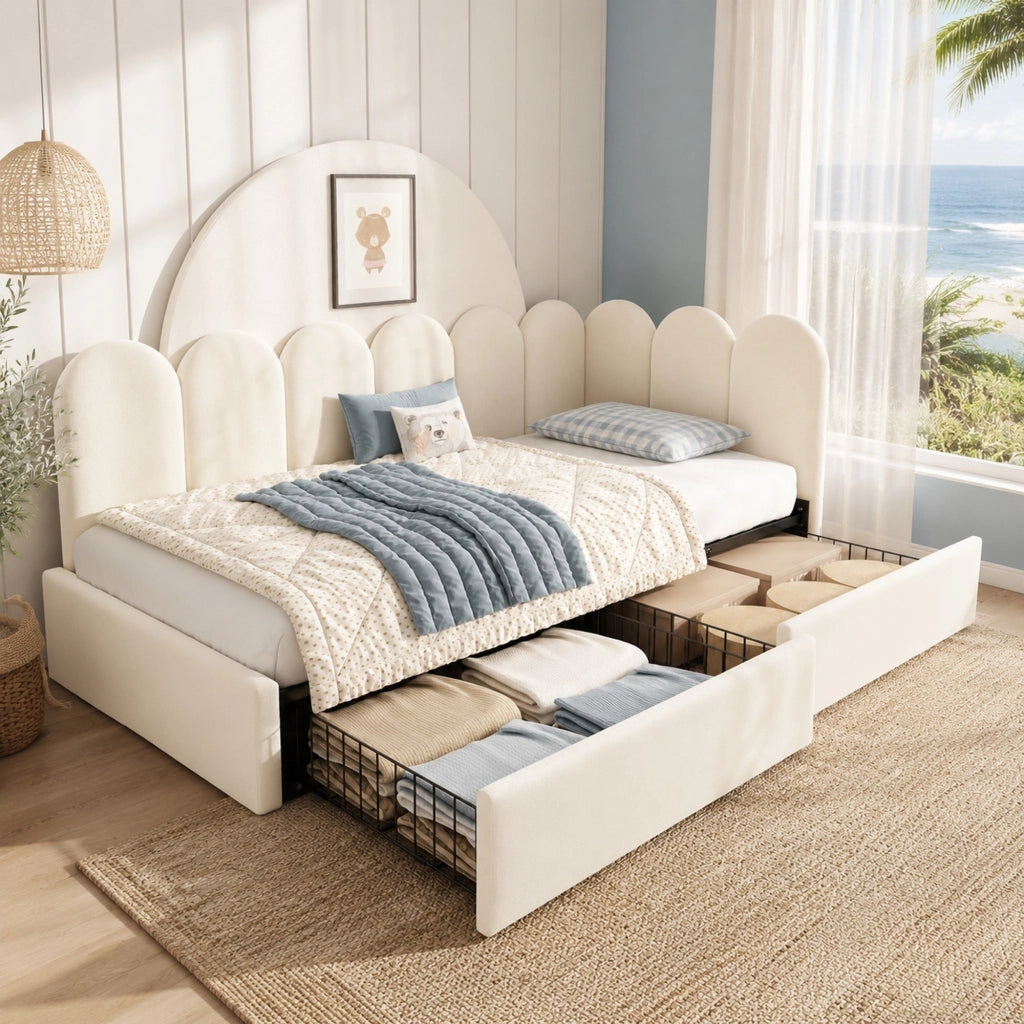 LETTO singolo 90x200 cm in velluto beige con 2 cassetti