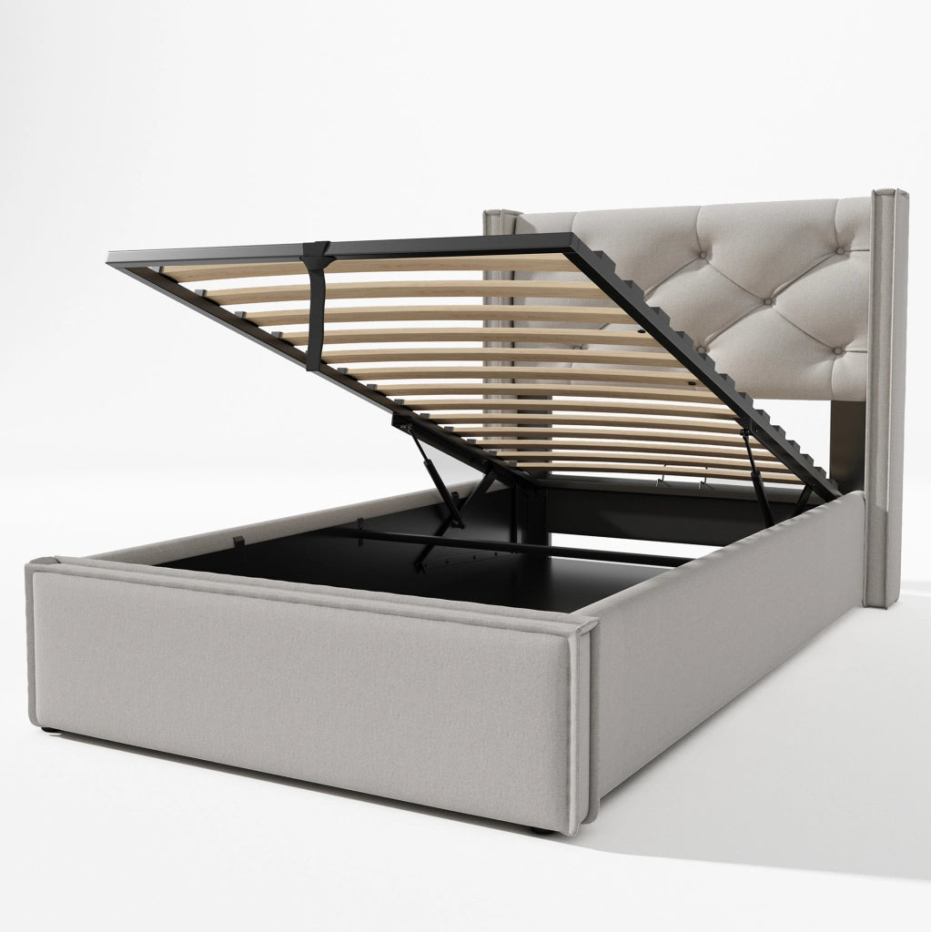 Letto singolo imbottito 90x200 cm con contenitore e rete sollevabile; grigio chiaro