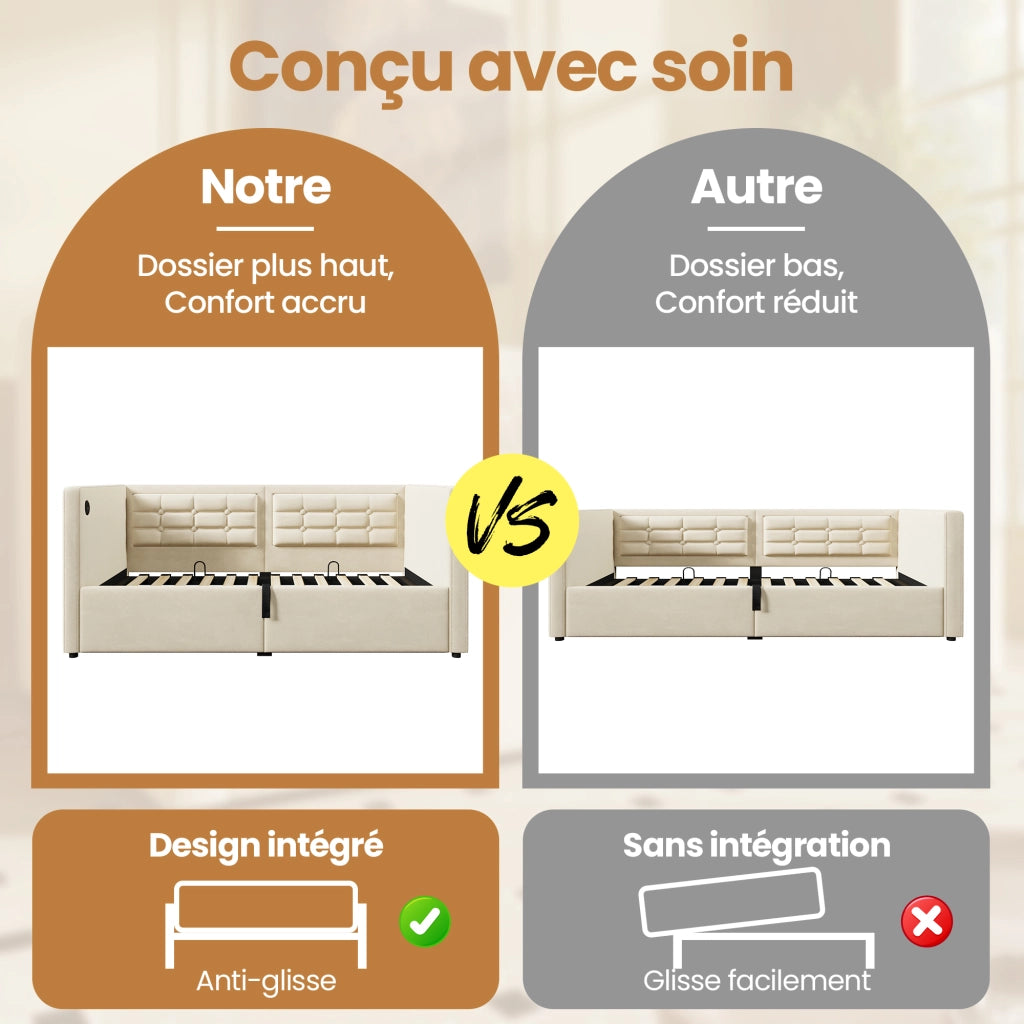 Letto contenitore singolo 90×200 cm con USB e Type-C; tasche laterali e schienale imbottito; senza materasso; beige